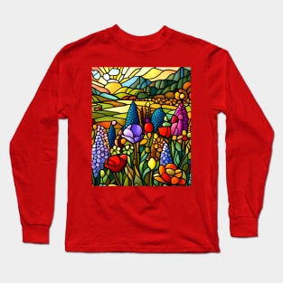 Stained Glass Colorful Mountain Meadow Long Sleeve T-Shirt